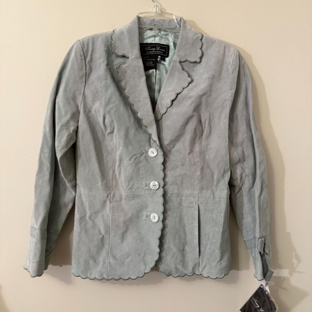 Vintage Terry Lewis Suede Leather Jacket Blazer Scalloped Green XS NWT